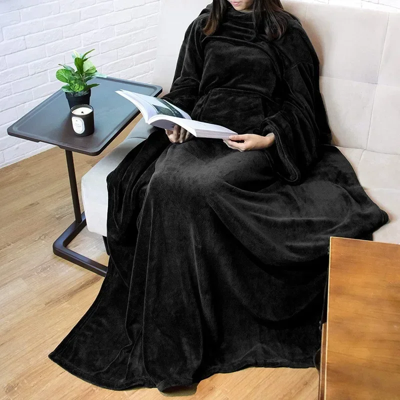Couverture portable multifonctionnelle pour adultes couverture à manches paresseuses jeté de canapé TV grande 