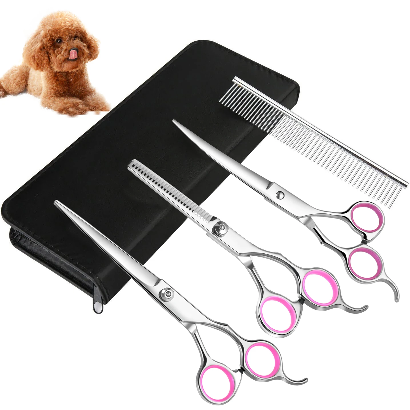 Kit de toilettage professionnel pour chiens ciseaux droits cisaille à effiler peigne incurvé ensemble complet