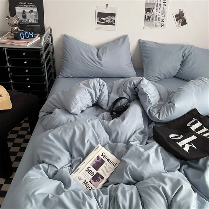 Parure de lit 100% coton lavé ensemble literie doux et apaisant 4 pièces style moderne minimaliste couleur ble