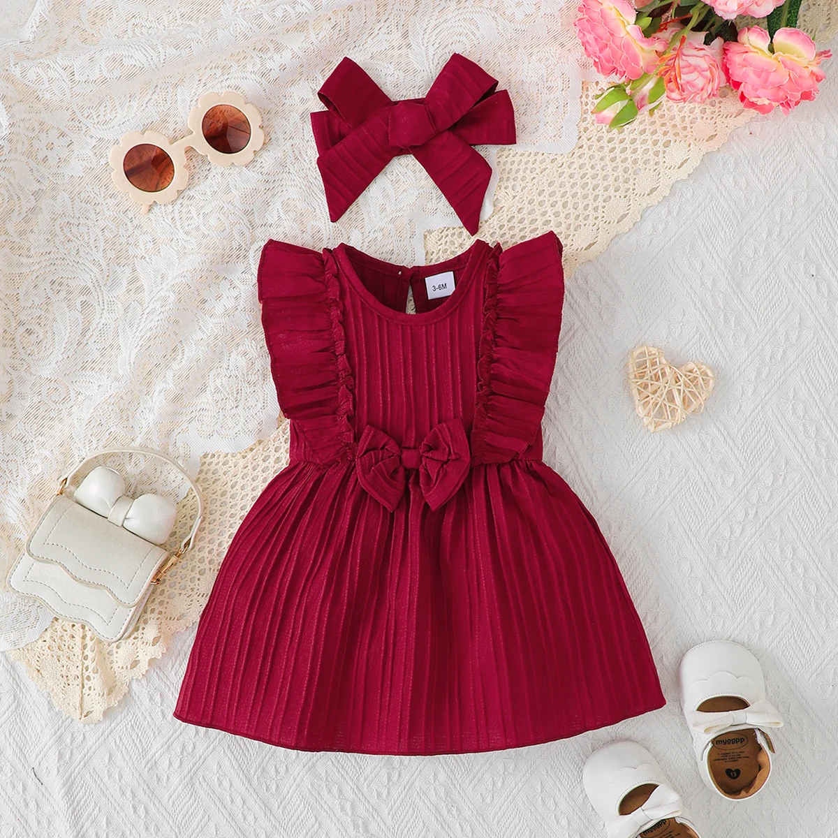 Robe Noël bébé fille 3 mois robe évasée volants nœud couleur rouge bordeaux ensemble complet avec bandeau sand