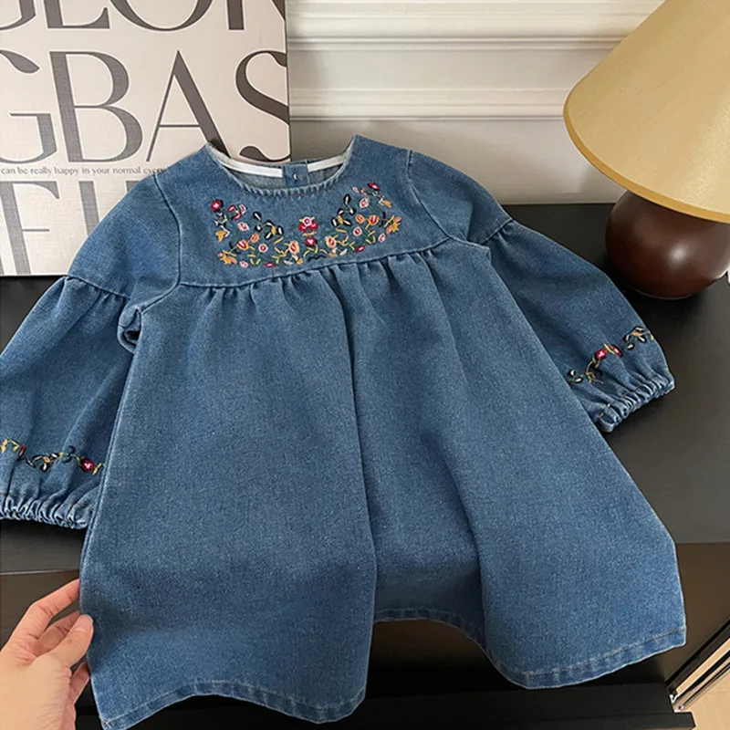 Robe princesse en denim fille broderie florale manches longues vêtements décontractés collection printemps/aut