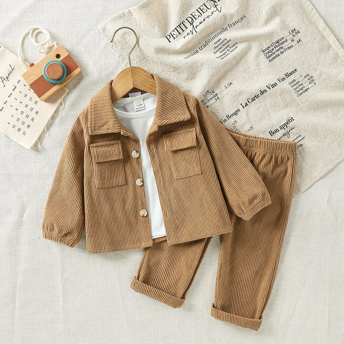 Ensemble bébé garçon 324M manteau velours côtelé pantalon élastique chemise blanche automnehiver 2025 vêtement