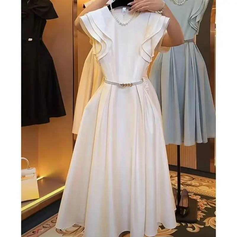 Robe formelle française pour femmes nouvelle mode d'été col rond manches volantes taille haute OL élégante rob