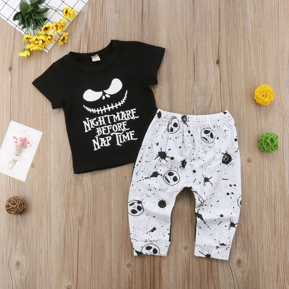 Ensemble vêtements bébé garçon Tshirt tête de mort Pantalon imprimé Mode Halloween Coton doux Tailles 6M3T 2 p