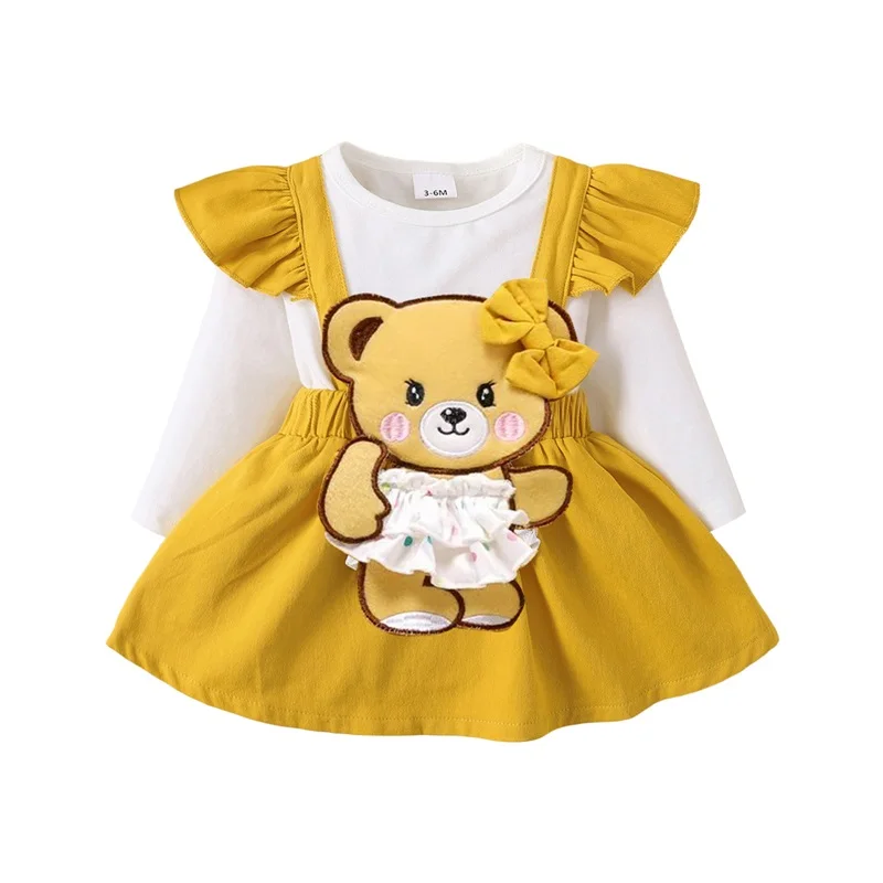 Robe trapèze d'automne pour bébé fille broderie ours manches longues col rond robe mignonne à volants style pr
