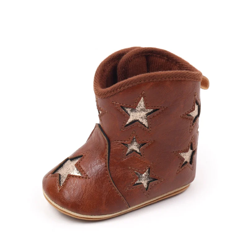 Bottes courtes enfant étoiles cuir synthétique confortable style western richesse marron occasion sortie usage