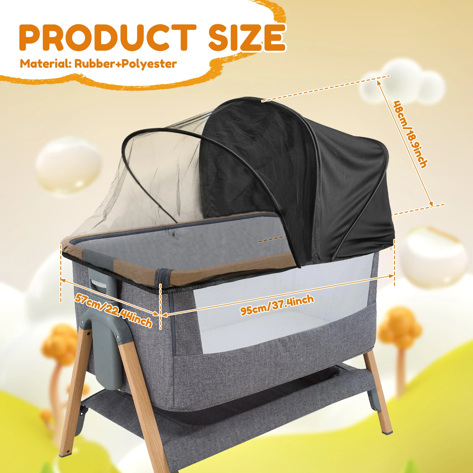 Berceau pliable pour bébé avec filet antimoustiques portable moderne minimaliste polyester caoutchouc gris noi