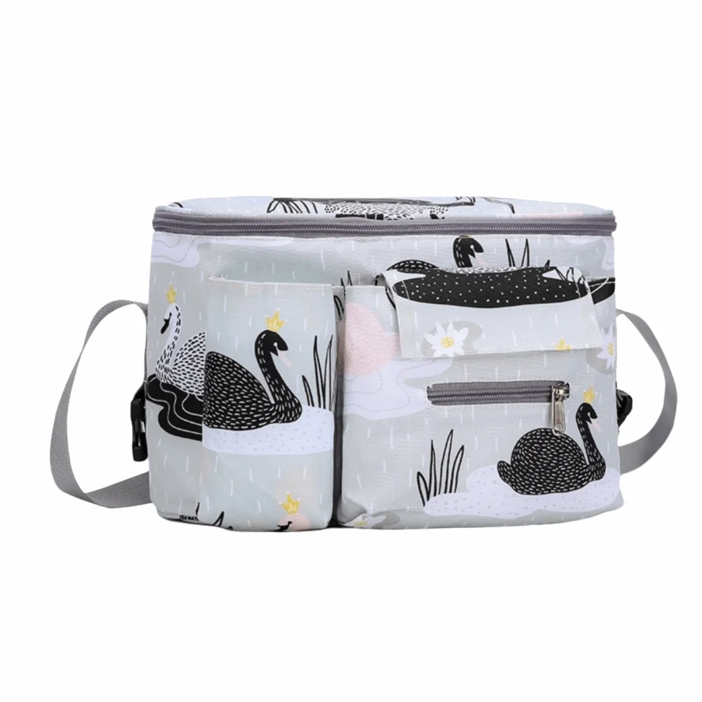 Sac de poussette multifonctionnel design moderne motifs cygnes tissu Oxford durable poches pratiques idéal pou