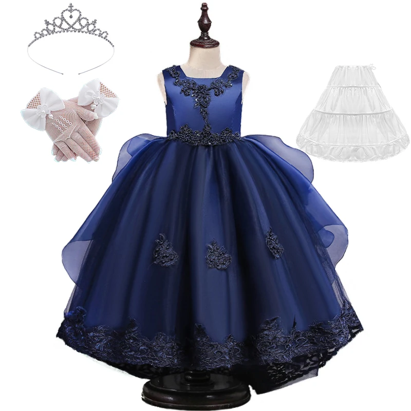 Robe de Soirée pour Fille Longueur au Sol Traîne Dark Blue Tulle et Satin Accessoires Inclus Occasion Formelle