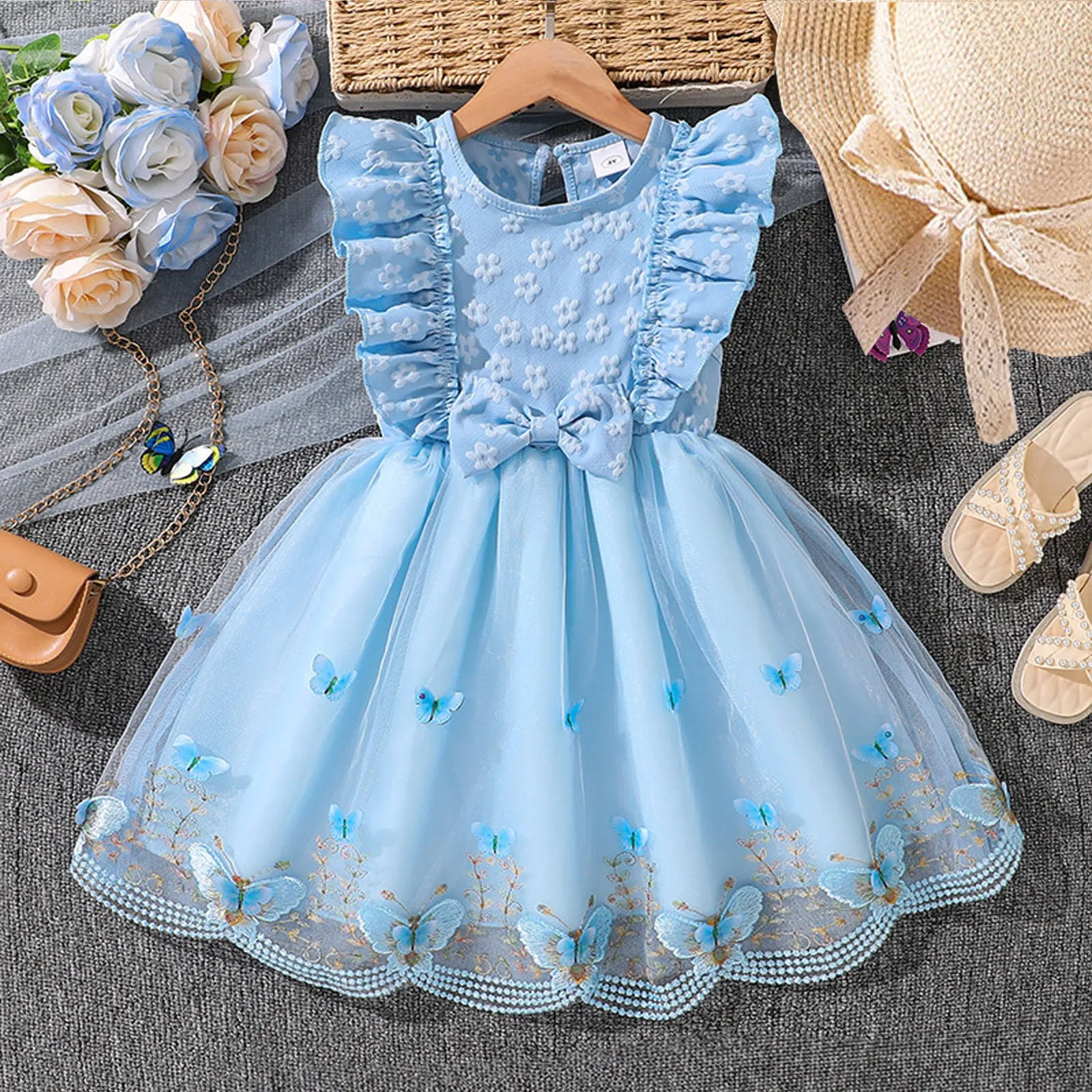 Robe de princesse pour filles de 4 à 7 ans, col rond, manches à ailes, nœud papillon, imprimé Floral, broderie