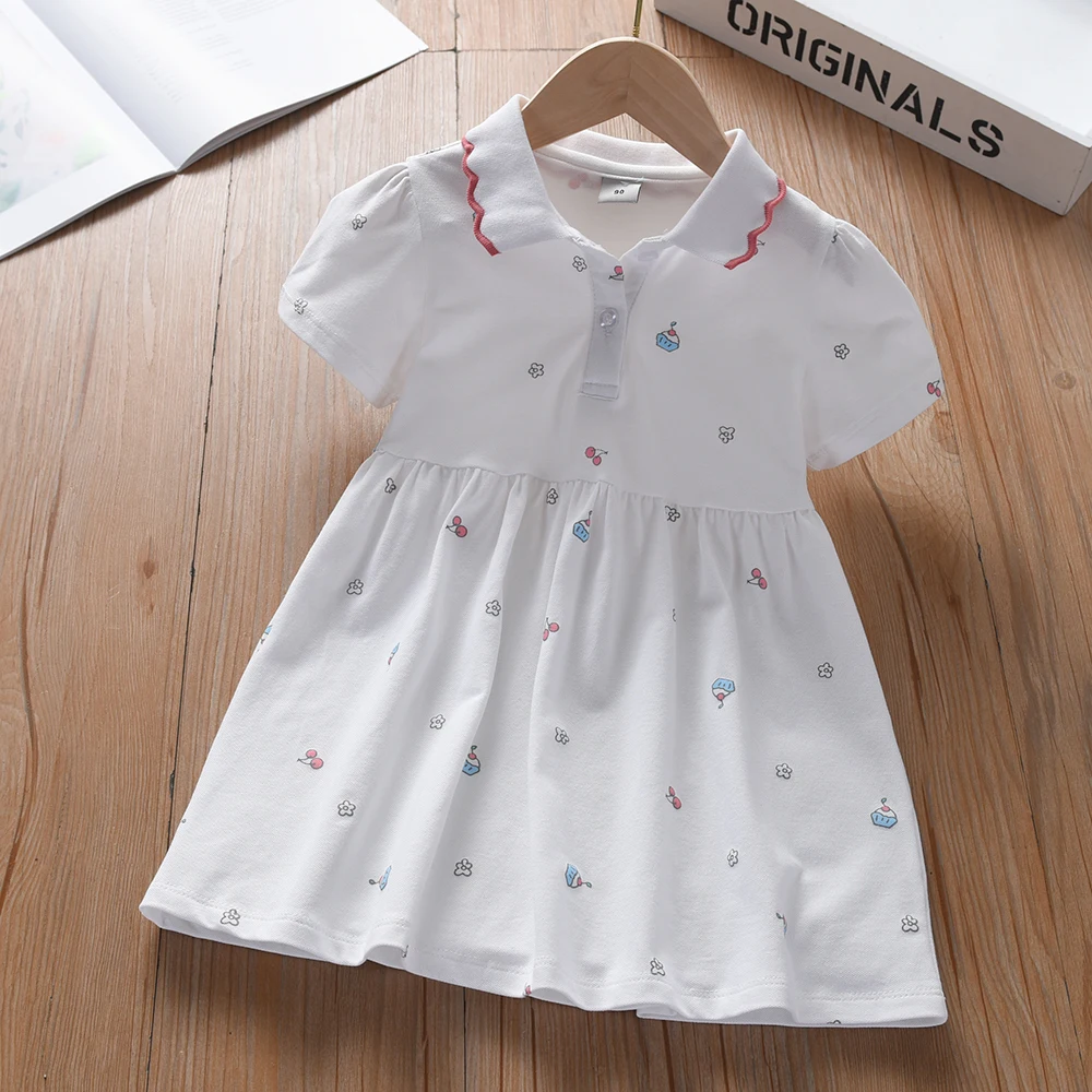 Robe d'été en coton à manches courtes pour bébés filles de 2 à 5 ans tenue mignonne et décontractée White