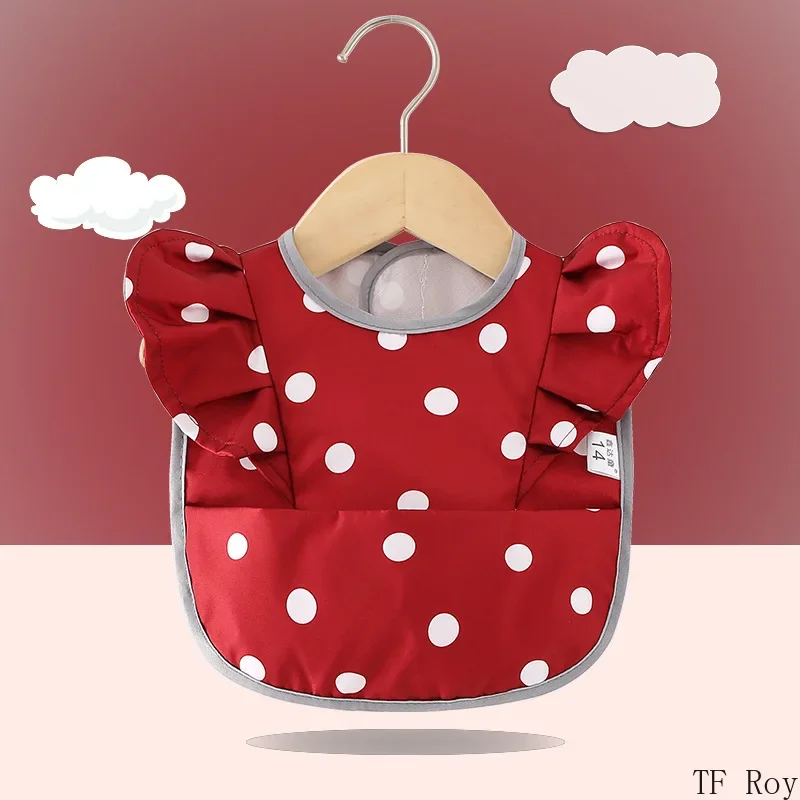 Bavoir imperméable antisalissures pour bébé tablier de repas en polyester style mignon à pois blancs et volant
