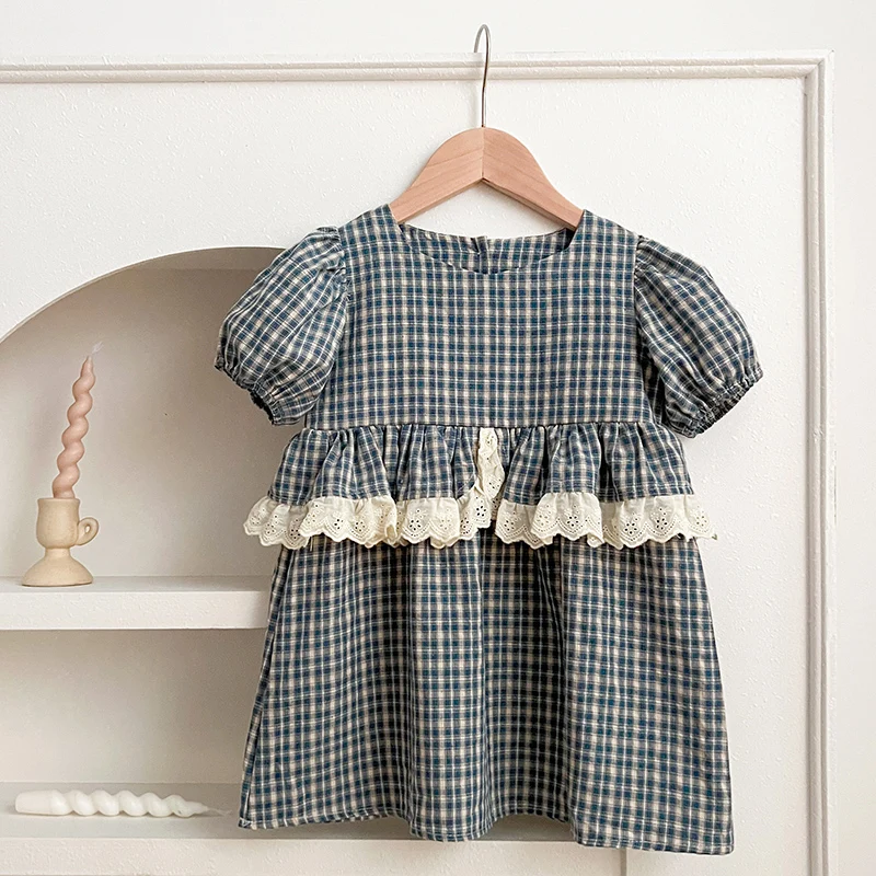 Robe princesse dentelle carreaux fille bébé robe mode été vêtement