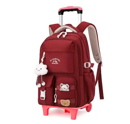 Sac à roulettes pour filles cartable scolaire en tissu Oxford poignée rétractable peluches décoratives idéal é