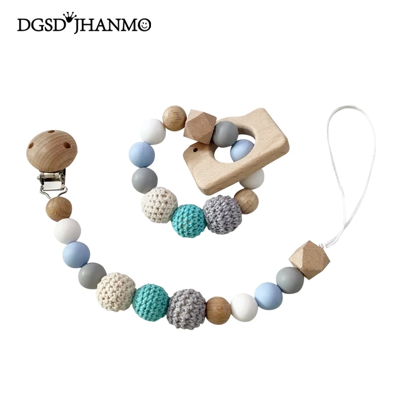 Accessoire bébé clip poussette hochet dentition silicone bois perles crochet Clip pendentif sucette teething b