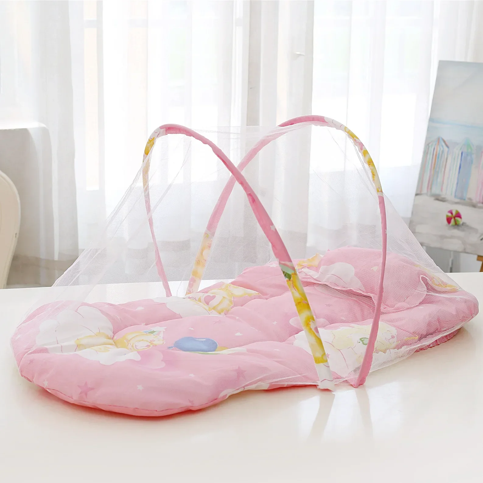 Moustiquaire portable pliable pour lit bébé filet polyester avec oreiller coton installation facile design flo