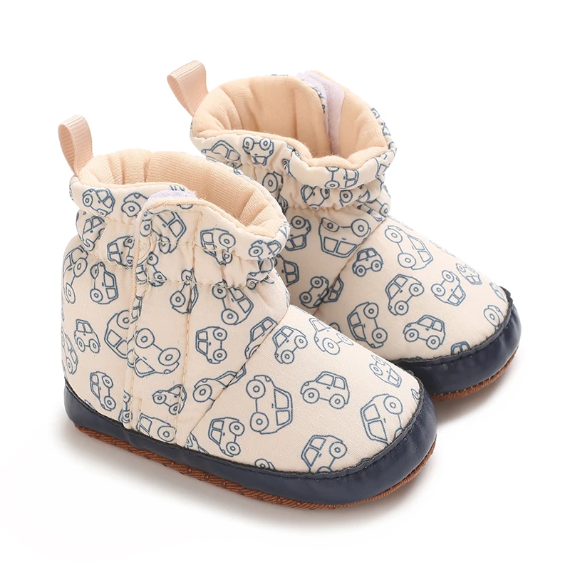Bottines bébé en coton doux antiglissante design voiture couleur crème