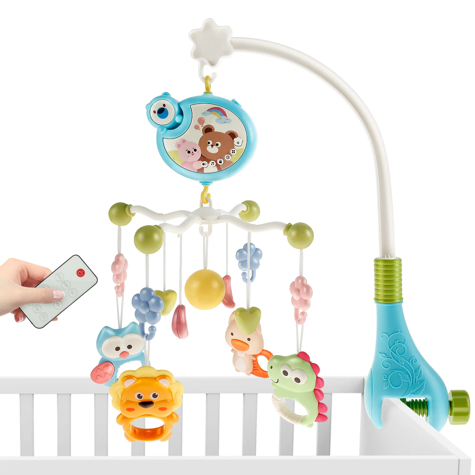 Mobile cradle bébé musique lumière télécommande 433 berceuses 012 mois bleu