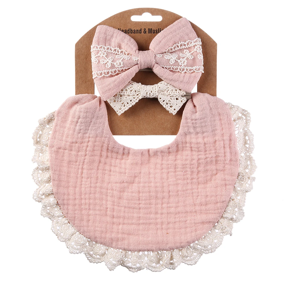 Ensemble bébé mousseline coton bambou 3 pièces bavoir dentelle rose garçon fille naissance photo accessoire co