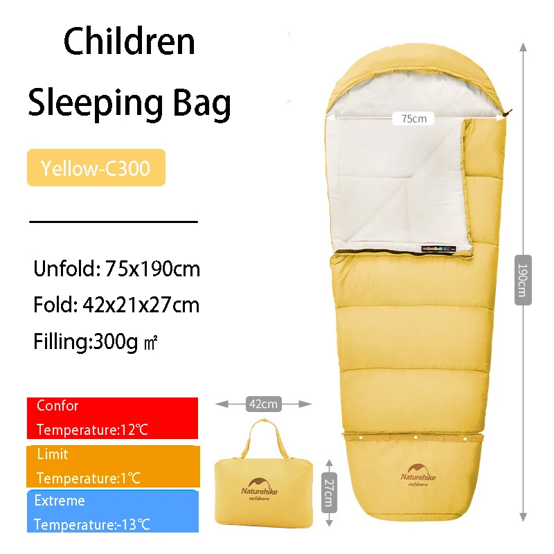 Sac de Couchage Ultra Léger pour Enfant Naturehike Coton Jaune Camping Voyage 3 Saisons Sac de Transport Inclu