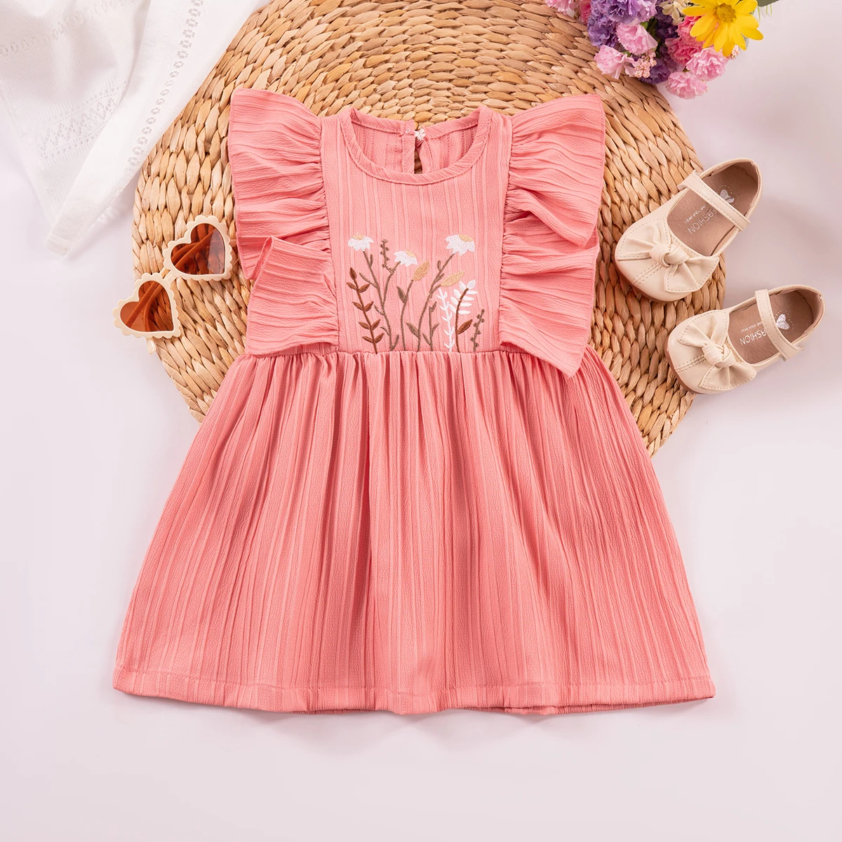 Robe d'été pour fille floral brodé rose doux sans manches volants élastiques robe Aline accessoires assortis 2