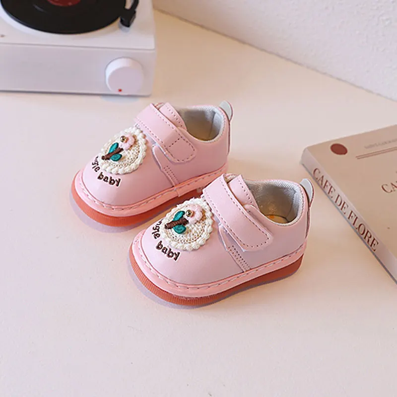 Chaussures de bébé filles style princesse rose pâle brodée abeille semelle caoutchouc antiglissante confortabl