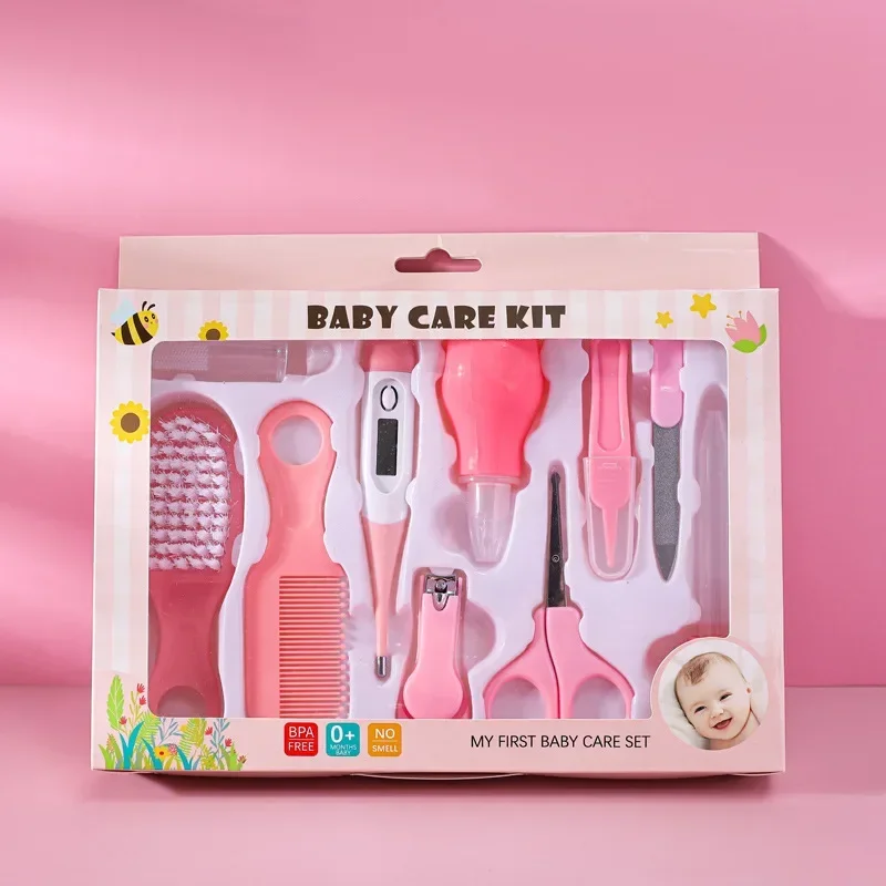 Kit de soins bébé 10 pièces Brosse thermomètre tondeuse dentition coupeongles Rose BPA Free Hygiène et santé