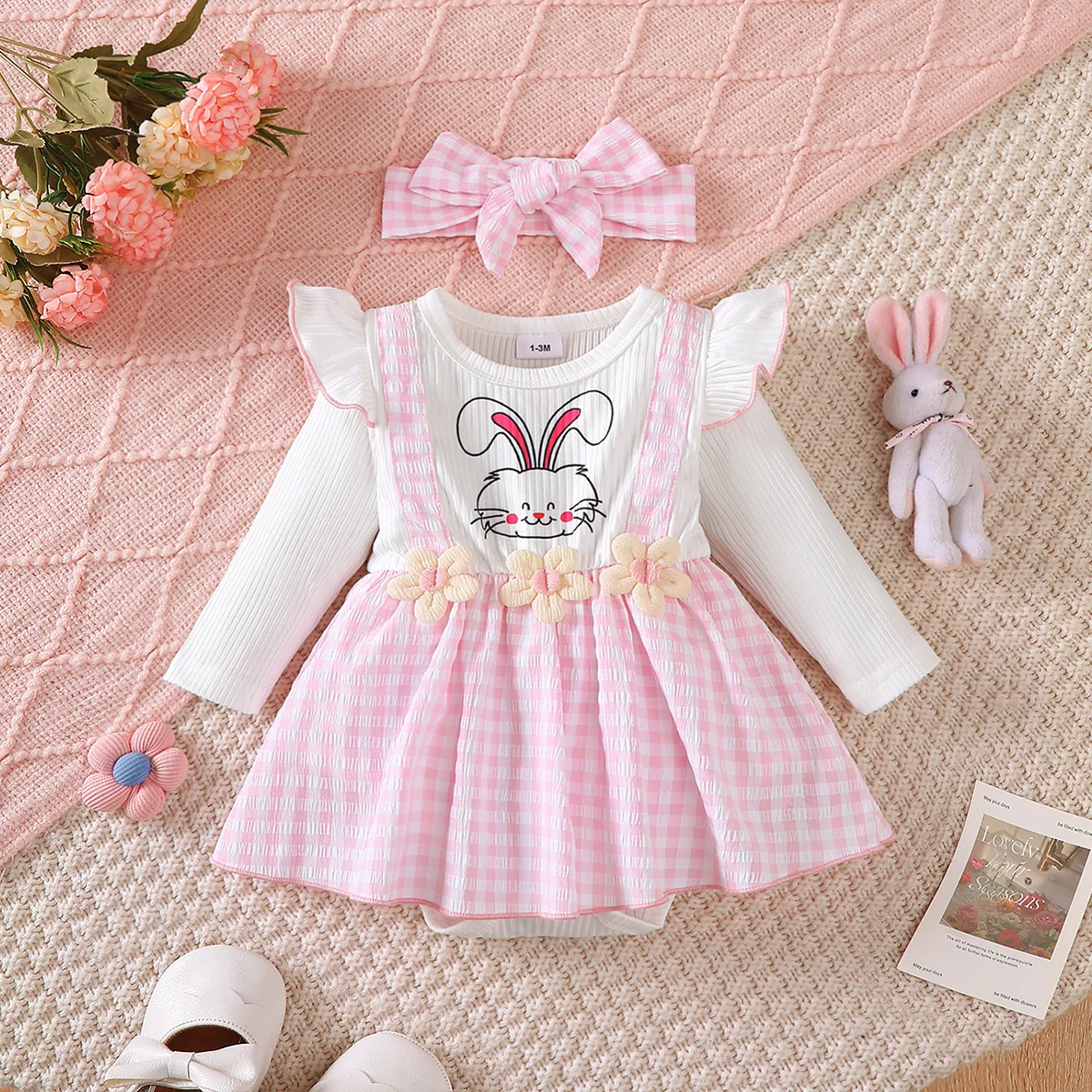 Robe pour nouveauné fille manches longues fleurs et carreaux accessoires inclus mignon confortable bébé fille 