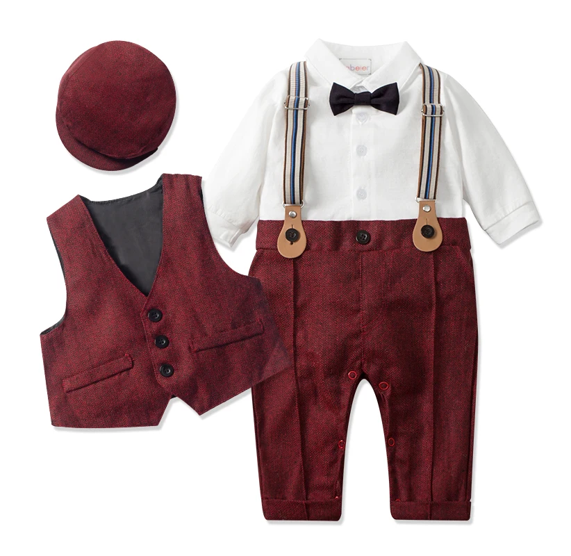 Ensemble vestimentaire formel pour nouveauné garçon costume Gentleman avec chapeau gilet et bow tie tenue Anni