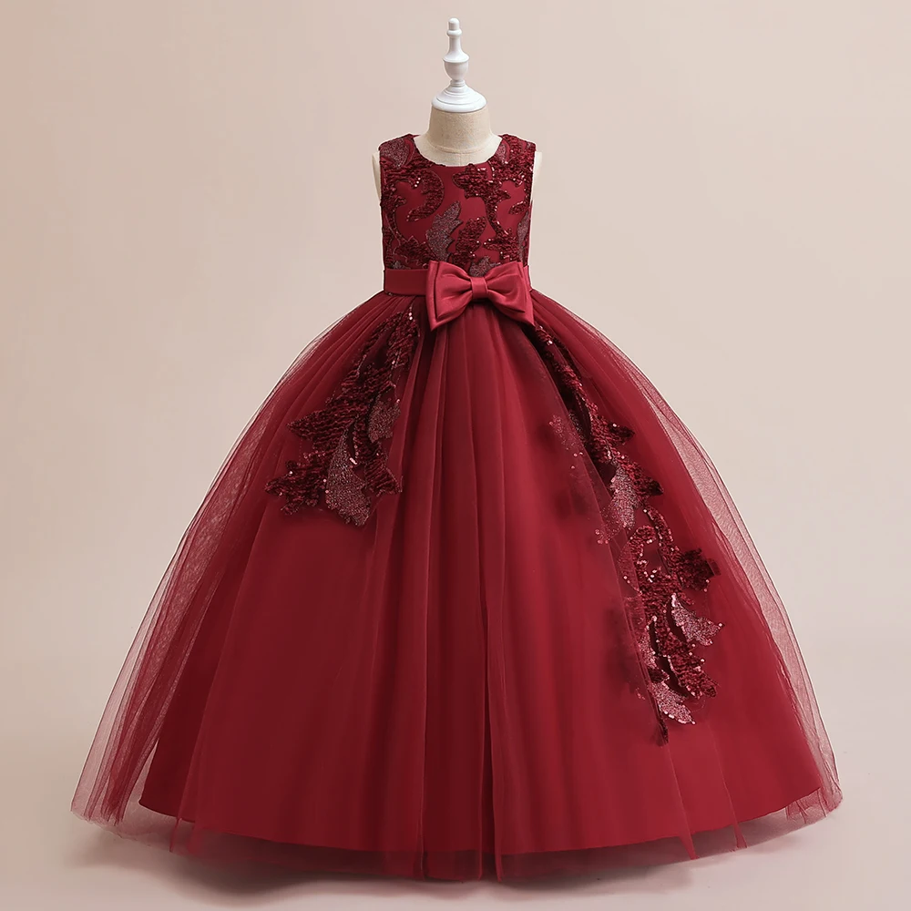 Robe de soirée en dentelle sequins pour filles robe princesse mariage anniversaire rouge bordeaux