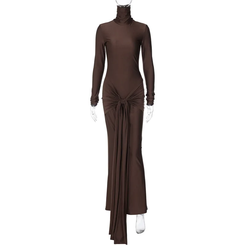 Robe de maternité élégante pour photo prénatale robe d'allaitement longue col roulé style moderne couleur natu