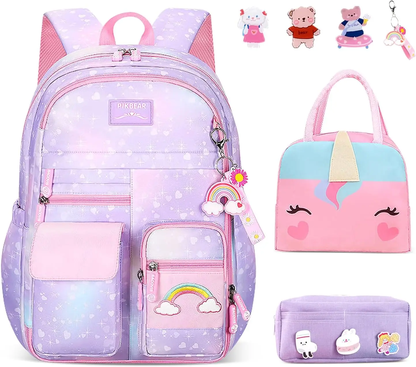 Sac à dos scolaire 7 en 1 pour filles et garçons Oxford cloth design coloré poches multiples accessoires inclu