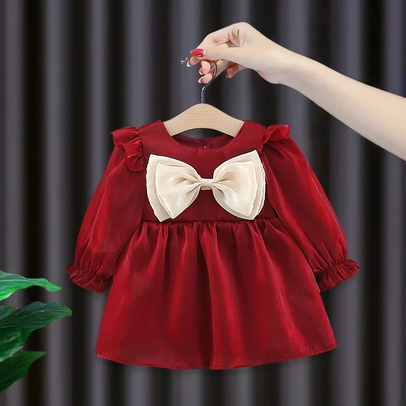 Robe princesse maille coton manches longues bouffantes bébé fille costume mignon printemps automne 2024 Rouge