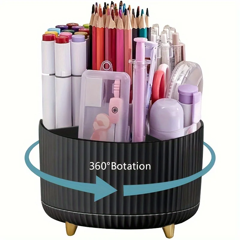 Organisateur bureau 360° en plastique noir 5 compartiments rotation libre rangement stylos crayons bureau écol