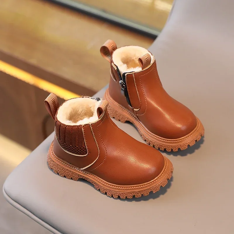 Bottes d'hiver enfants en cuir PU fourrure synthétique mode moderne antiglissante pour garçons filles 46 ans