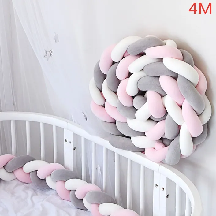 Parechocs lit bébé en tissu tressé 4m rose gris blanc protection lit de bébé moderne doux et sécurisant décora