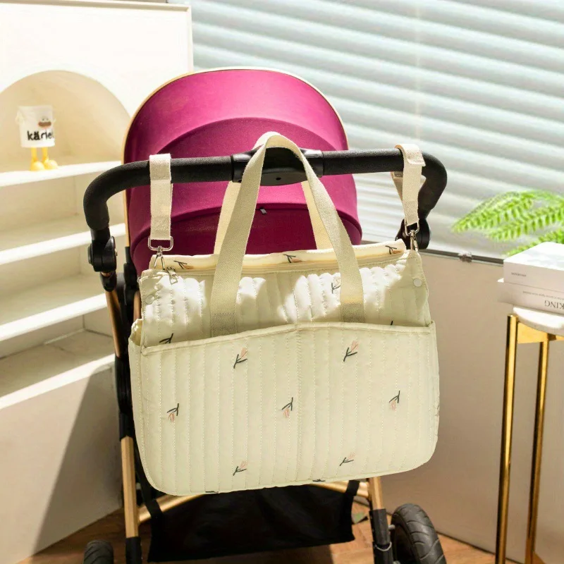 Sac à langer multifonctionnel en tissu doux design floral attachable sur poussette Olive