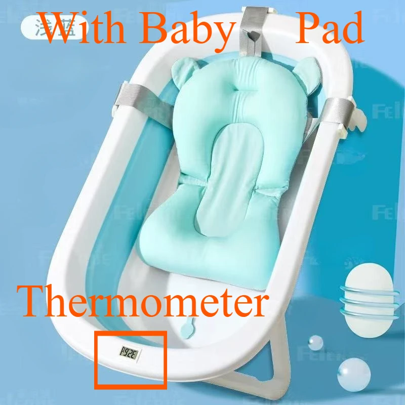 Baignoire pliante pour bébé outil de bain allongé en plastique portable avec coussinet souple bleu thermomètre