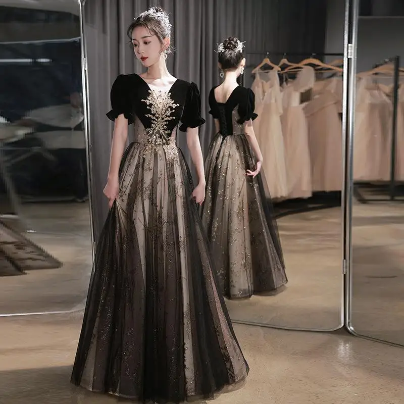 Robe de Soirée Élégante pour Femme Tenue de Luxe Légère Vintage Longue Appliques Banquet Forme Formelle Tenue 
