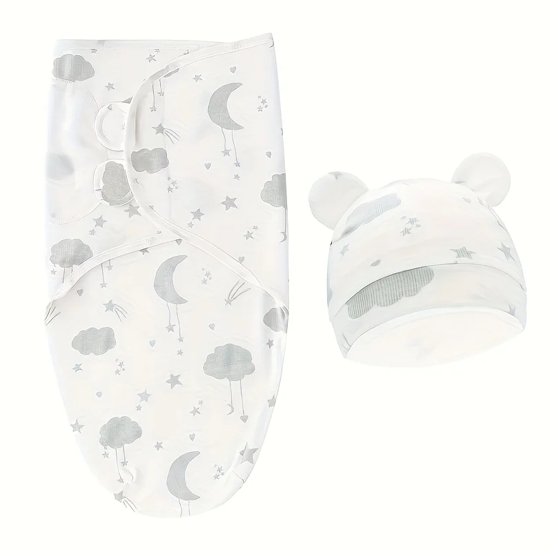 Ensemble d'emmaillotage bébé avec bonnet motifs gris doux étoiles nuages et lune 1 pièce cadeau naissance garç