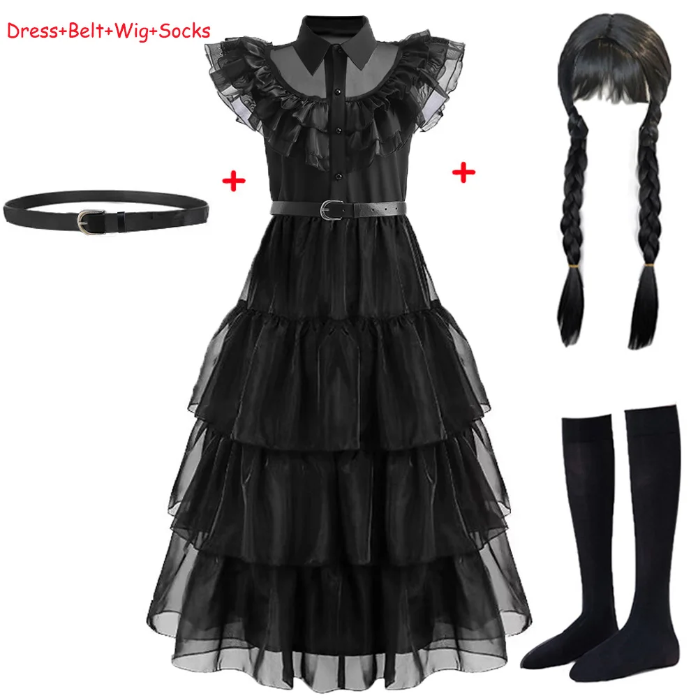 Robe princesse avec ceinture perruque et chaussettes costume gothique cosplay enfant fille robe longue noire a