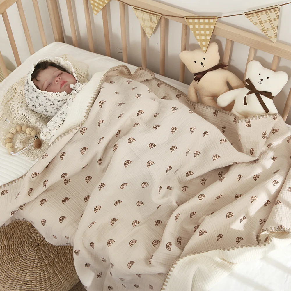 Couverture bébé 4 couches coton mousseline serviette bain accessoires bébé lit mère enfant Khaki rainbow