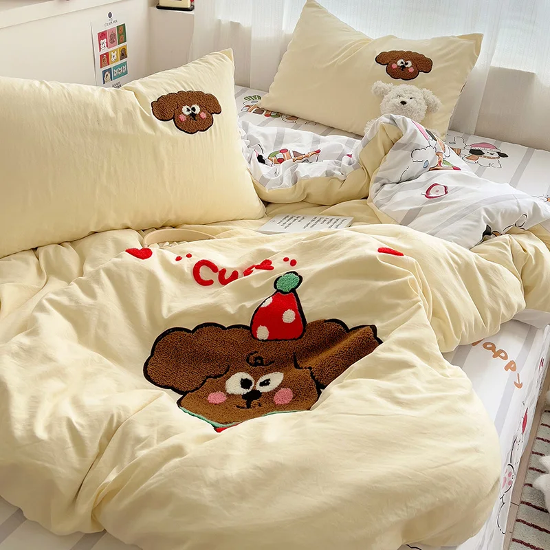 Parure de lit en coton doux pour bébé motif animal mignon 4 pièces housse d'oreiller couette draps ajustés cha