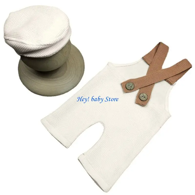Ensemble photo bébé romper salopette chapeau blanc marron 06 mois look