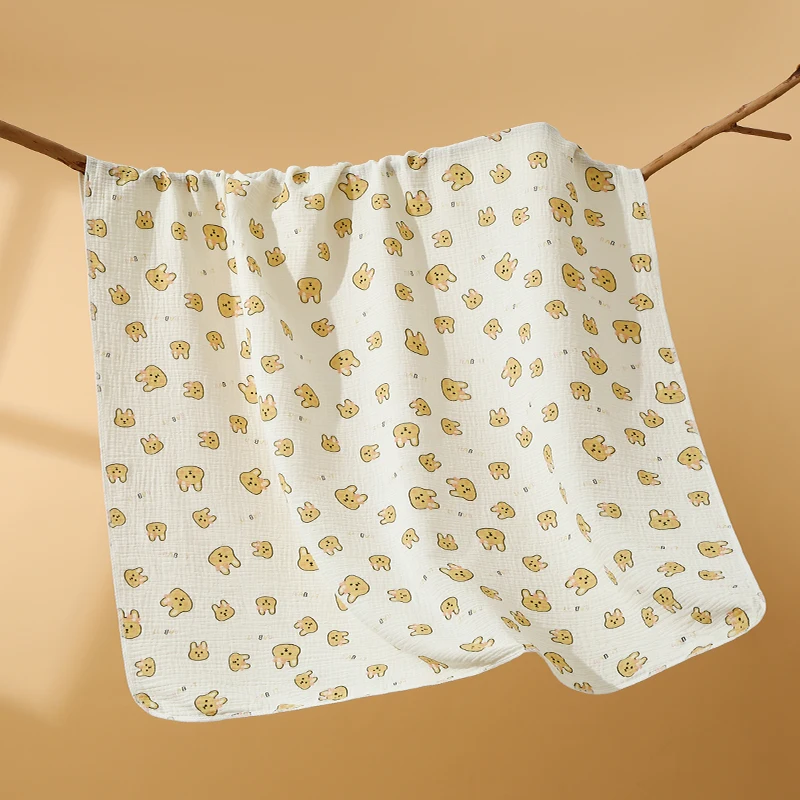 Couverture de réception bébé en mousseline de coton 80x80cm serviette bain motif lapins jaunes Little yellow r