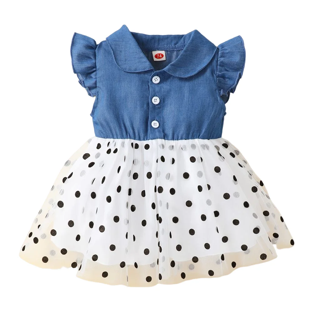 Robe princesse fille denim tulle pois blanc bleu manches courtes robe anniversaire enfant 46 ans robe de fête
