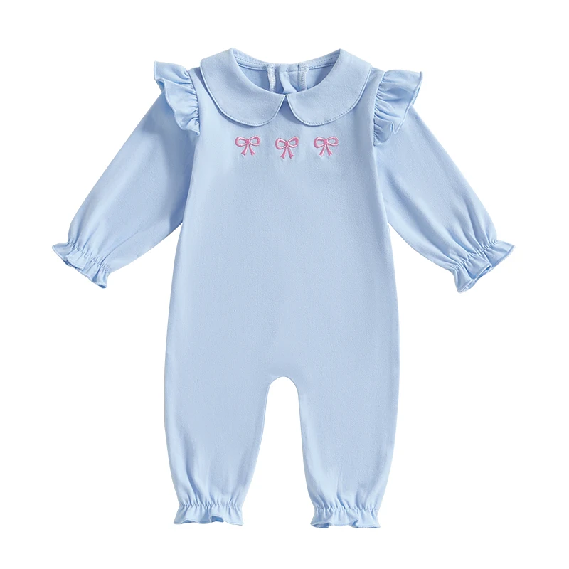Combinaison bébé fille à manches longues col classique fronces imprimé nœud rose tissu doux et léger tenue quo