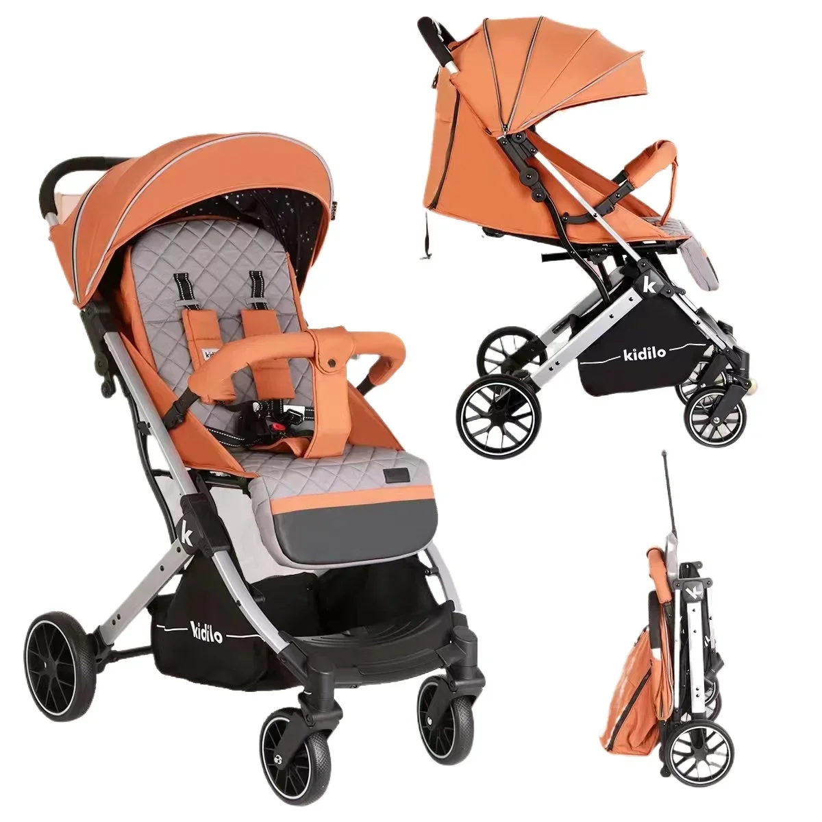 Poussette kidilo multifonctionnelle légère pliable capot orange gris tissu synthétique aluminium ergonomique m
