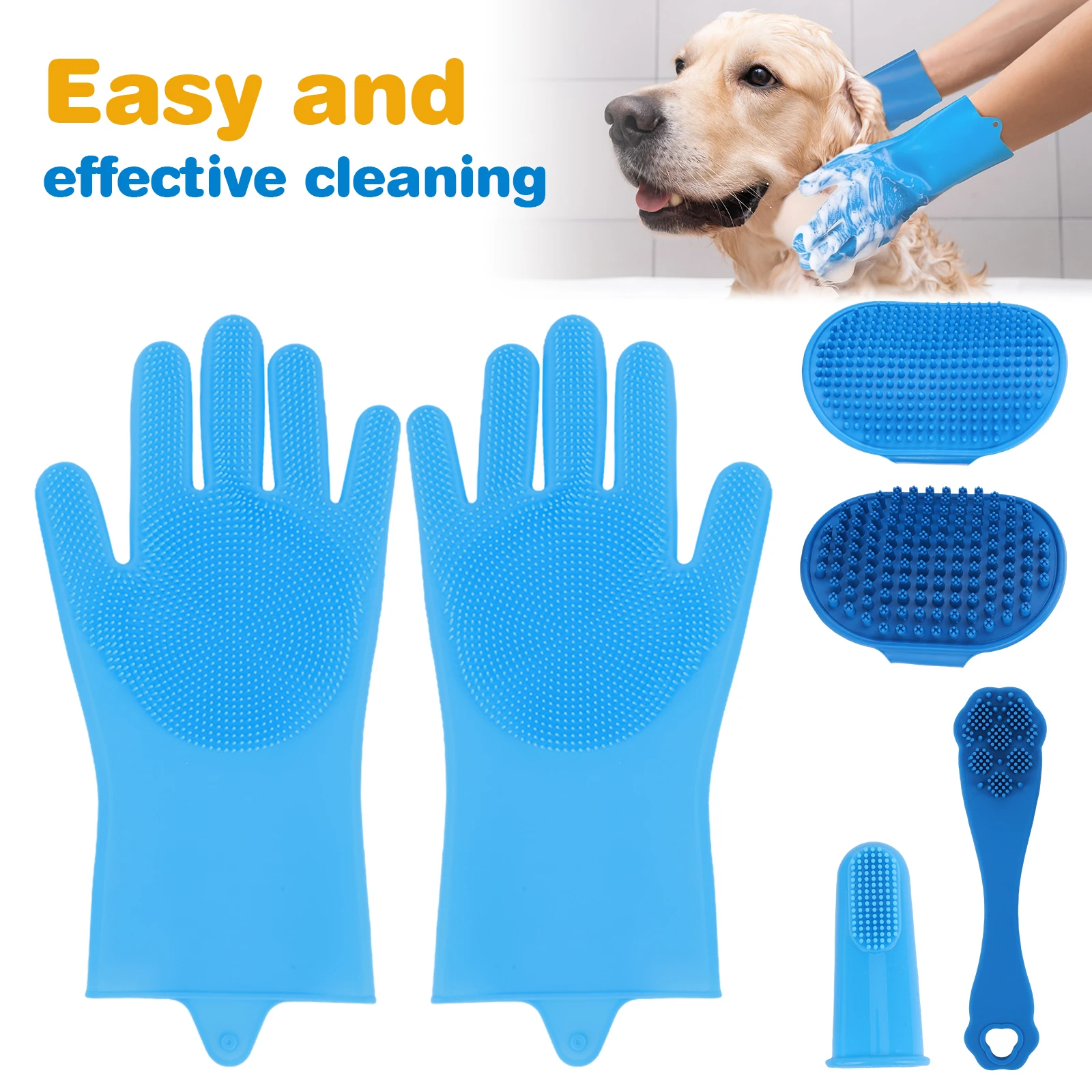 Gants en silicone pour toilettage chien chat kit 6 pièces brosse à