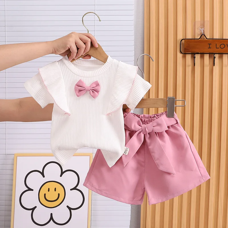 Ensemble vêtements été bébé fille haut et short à nœud 2 pièces rose pastel texture côtelé doux summer wear mo